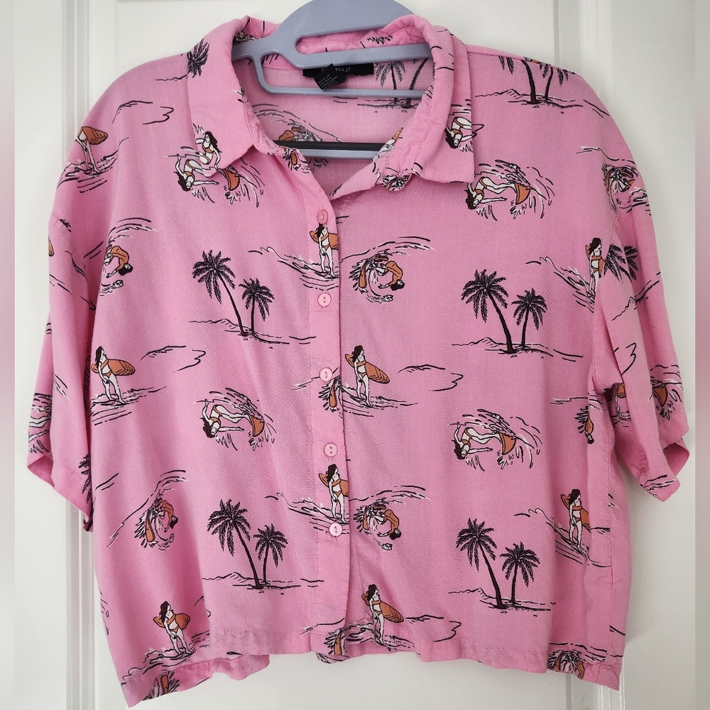 Forever 21 Pink Surf Print Button Down Shirt